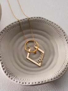 Personalized Name/Text Ring Pendant Necklace - Customized Wedding Souvenir, Stainless Steel Interlocking Ring Pendant With Engraved Name, Wife's Wedding Gift, Valentine's Day Gift, Casual Wear Ring Chain (Ring Not Included) - Multicolor - View 7