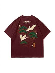 Zrgoth 男士休闲百搭简约日式仙鹤印花短袖T恤 - 酒紅色 - 查看 3