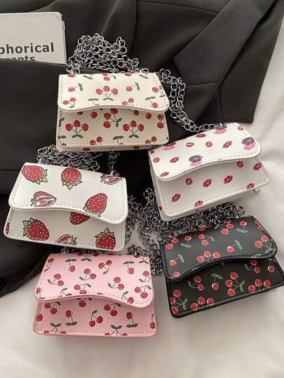 1pc Fruit Print + Metal Chain Glossy PU Leather Mini Structured Magnetic Closure Crossbody Bag, Sweet Girl Style For Daily & Work