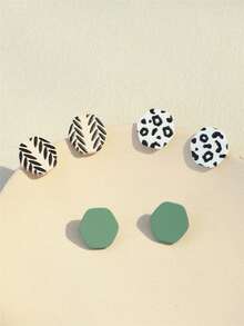 3 Pairs Geometric Hexagon, Leopard Print, Leaf Pattern Acrylic Earrings, Personalized Design, Elegant Quality For Women - Multicolor - View 5