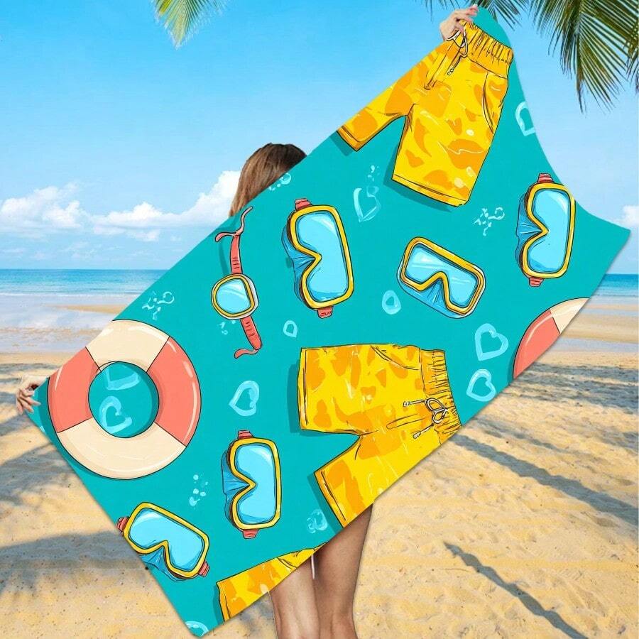 1pc Swim Goggles, Swim Trunks, And A Lifebuoy, Featuring Summer Water-Themed Prints, A Beach Vacation-Themed Beach Towel Made Of Ultra-Soft Microfiber, Mainstream Material, Quick-Drying, Suitable For Beach And Pool - A - 查看 1