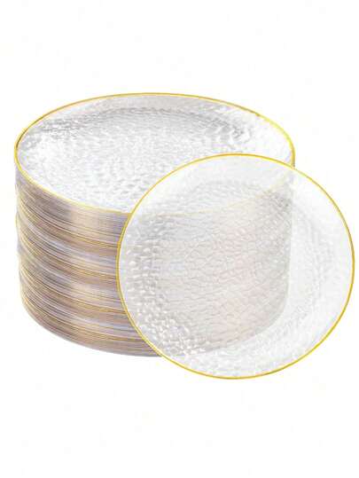 50/25/7pcs Transparent Gold-Rimmed Round Dinnerware Set, Salad Plates, Suitable For Serving Cakes, Desserts, Salads, Burgers, Sandwiches, Sushi, Ideal For Weddings, Easter, Graduation Parties, Outdoor Garden Dining, Valentine's Day, New Year, Mother's Day Gifts, Back To School, Ramadan, Suitable For Various Parties (Full Tableware Set, Plates, Trays, Dishes, Kitchen Utensils)