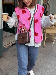 1件爱心图案印花背心外套，日常穿着，新款秋冬及四季皆宜夏季设计 - 玫紅色 - 查看 4