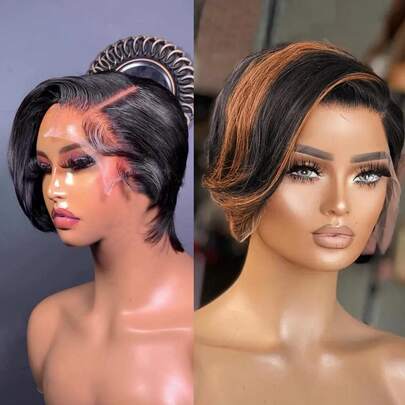 Tóc giả ren phía trước, tóc giả kiểu pixie, tóc giả làm từ tóc thật dành cho phụ nữ da đen, tóc giả bob không cần keo dán 8 inch, kiểu T-part ren phía trước, tóc giả ngắn nhiều lớp kiểu pixie thẳng, tóc thật màu đen tự nhiên, màu 1B33, tóc giả ngắn kiểu pixie có mái, kiểu pixie rẽ ngôi bên, thích hợp sử dụng hàng ngày.