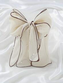 1pc Women's Large Pearl Chiffon Ribbon Bow Hair Clip - White - View 4