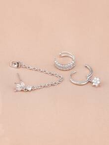 3件套精美锆石花朵流苏链耳钉，女士简约穿孔耳环，耳夹式时尚饰品 - 3Pcs for One Ear - 查看 3