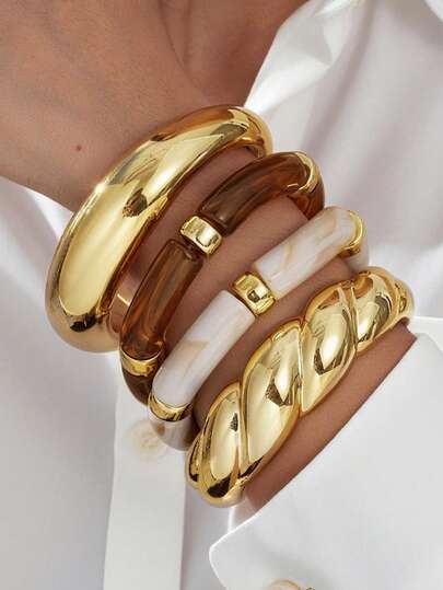 4 piezas Conjunto de brazaletes elegantes y de moda en tono dorado, brazaletes de estilo exagerado, material ligero de CCB, adecuado para uso diario