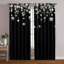 2pcs Modern Blackout Curtains, 100% Polyester Diamond Print, Machine Washable, Rod Pocket Hanging, Woven Knit Weave, Unlined, For Bedroom And Various Room Types - Black and White - View 2
