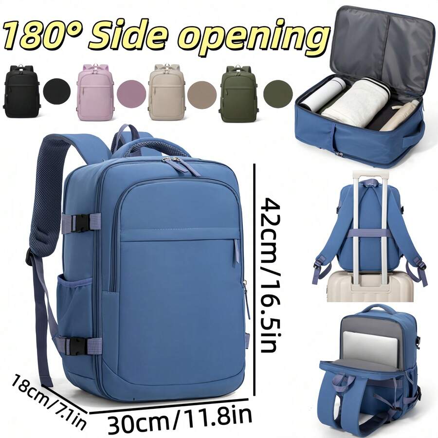 Mochila de grande capacidade com abertura lateral de 180°, feita em tecido Oxford resistente, ideal para viagens e atividades ao ar livre. Possui compartimento separado para laptop com trava e design adequado para esse tipo de viagem. Perfeita para viagens a negócios e curtas.