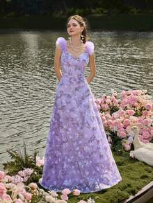 Faeriesty Elegant Layered Ruffle Sleeve Mesh Evening Gown, Velvet Embroidered Pattern - Backless Design Suitable For Met Gala, Bridal Party, Formal Dinner Wedding Spring - Lilac Purple - View 7
