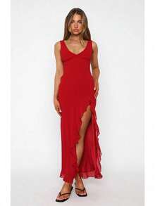 Summer New Sexy Lace Split Sleeveless V-Neck Wooden Ear Backless Dress - 酒紅色 - 查看 2