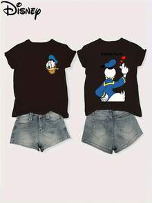 Disney Authorization, Donald Duck Double-Sided Printed Soft Elastic Casual Short Sleeved Top, Fashionable Short Sleeved Round Neck T-Shirt, Women's Clothing - màu đen - Xem 1