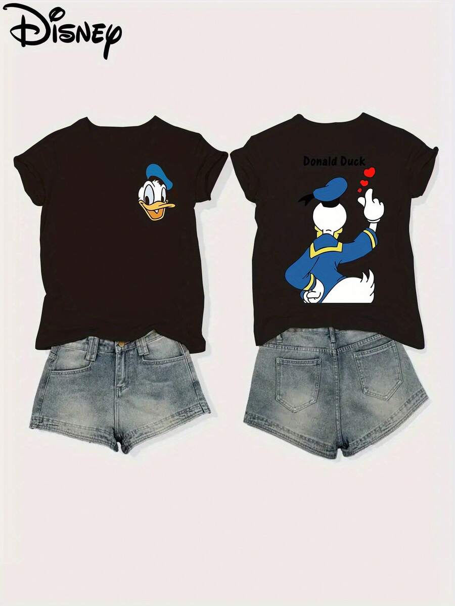Disney Authorization, Donald Duck Double-Sided Printed Soft Elastic Casual Short Sleeved Top, Fashionable Short Sleeved Round Neck T-Shirt, Women's Clothing - màu đen - Xem 1