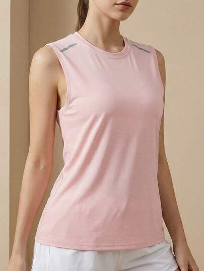 Women's Breathable Quick Dry Sports Tank Top, Contrast Shoulder Stripe Detail For Summer Running & Gym, Reflective Tank, Sleeveless Yoga Shirt