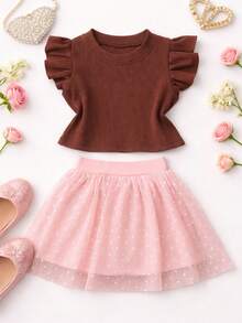 Girls' Outfit Set: Tulle Shorts Skirt With Ruffle And Cropped Top With Ruffled Frills, Pleated, Spring And Summer CJI043 - Baby Pink and Brown - View 1