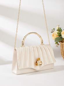 Pleated Satin Evening Clutch, Cream Formal Purse With Gold Metal Handle & Gold Floral Clasp With Faux Pearls – For Weddings, Proms & Party Looks - Apricot - View 7