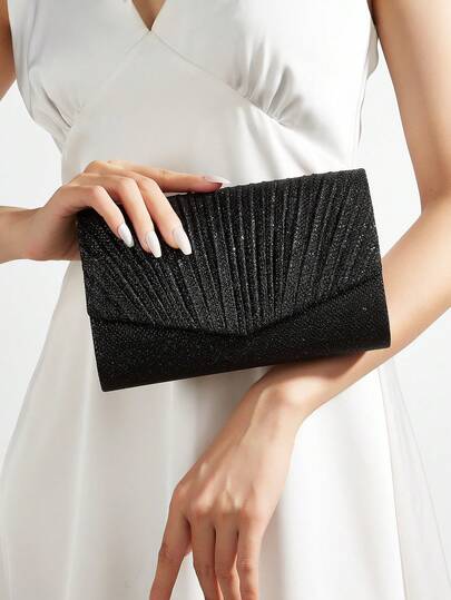 Ví cầm tay xếp ly hình quạt lấp lánh màu đen, thanh lịch và đơn giản, thích hợp cho các bữa tiệc, lễ hội, sinh nhật, đám cưới, tiệc tối.