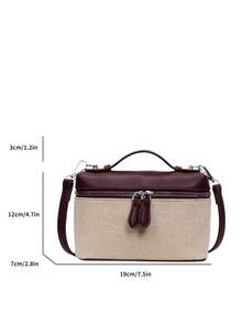 Women's Sophisticated Color-Blocked Canvas Small Square Bag, Retro Style, Perfect For Everyday Shopping Or Commuting, Simple Shoulder Bag. - Burgundy - View 5