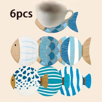 6pcs 2D Printed Fish Design Round Wooden Coasters, Suitable For Patio, Kitchen, Living Room, Home Gatherings, Dining Table Decor, Gifts For Friends And Family, Ideal For Valentine's Day, Wedding, Birthday, Party, Home Decor Accessories