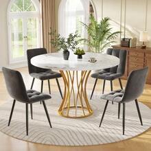 Dining Set (5 Pieces), Including A Table And Four Chairs, A Modern Kitchen Set, A Round Table 80 Cm In Diameter, Gold Metal Legs, A White Marble Top And Grey Velvet Dining Chairs. - Grey - View 1