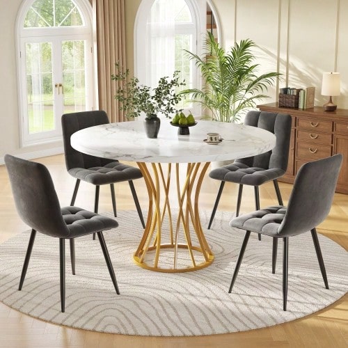 Dining Set (5 Pieces), Including A Table And Four Chairs, A Modern Kitchen Set, A Round Table 80 Cm In Diameter, Gold Metal Legs, A White Marble Top And Grey Velvet Dining Chairs. - Grey - View 1