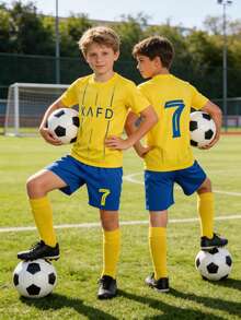 Boys & Girls Football Jersey, Riyadh Victory Team #7, Polyester Crew Neck Top And Shorts Set, Suitable For Boys Sports Training And Casual Wear, Perfect For Outdoor - Yellow - View 1