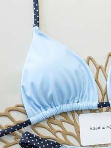 女士挂脖系带比基尼套装，性感优雅，舒适的蓝色波点印花泳衣，适合海滩、度假村、泳池派对、春夏假期穿着。 - 淺藍色 - 查看 4