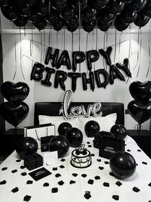 30/56/58件組黑色哥德風生日氣球套組－500片黑色人造花瓣＋16英吋Happy Birthday橫幅＋6個18英吋愛心鋁箔氣球＋Love鋁箔氣球＋乳膠氣球，適合生日派對、浪漫臥室裝飾、午夜驚喜 - 彩色 - 查看 9