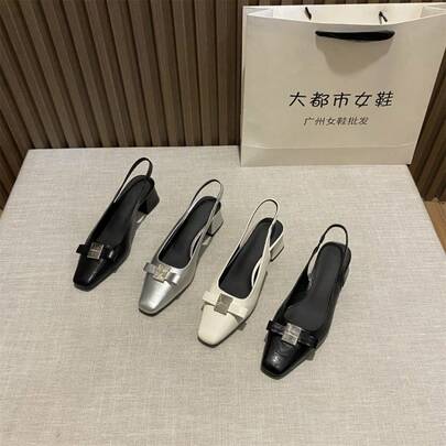 French Square Toe Chunky Heel Backless Sandals, Decorated With Metal Bowknot, Gentle Elegant Commuter Shoes