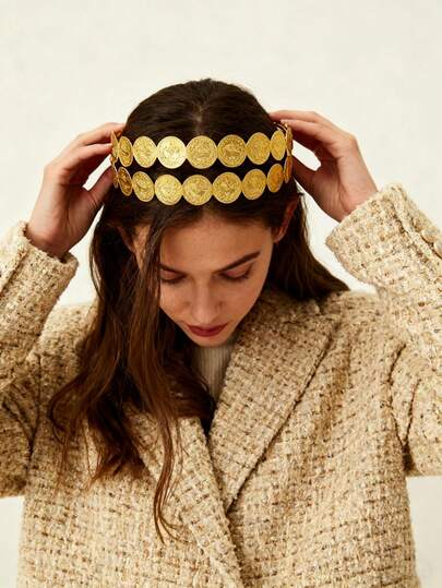 1pc Fashionable Luxury Women's Headband, Multi-Layer Coin Shaped Carved Ottoman Pattern, Suitable For Wedding, Party, Holiday Jewelry Hair Accessory