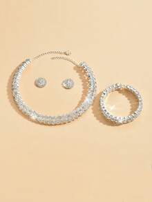 4pcs/Set Double Row Design Bridal Women's Fashionable Sparkling Crystal Necklace Set, Sexy Jewelry Set Suitable For Weddings, Birthday Gifts, Parties. - Silver - View 4