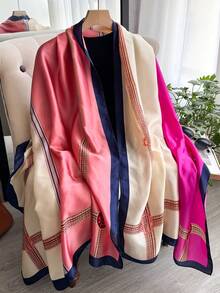 1 pieza Bufanda de unicolor de seda sintética con patrón de patchwork, chal versátil para la playa, protección solar, accesorio de moda adecuado para uso diario, vacaciones, accesorios, esencial de viaje - Multicolor - Ver 6