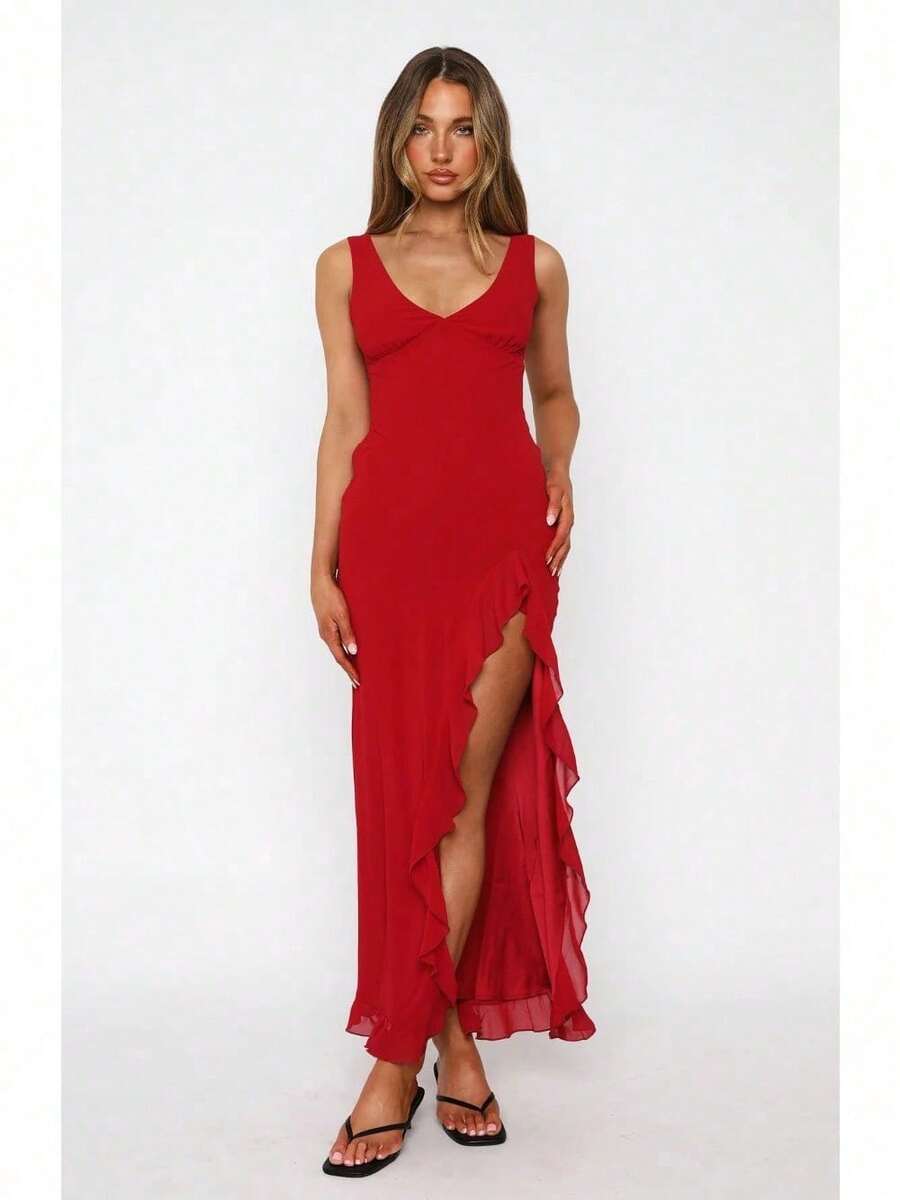 Summer New Sexy Lace Split Sleeveless V-Neck Wooden Ear Backless Dress - 酒紅色 - 查看 1