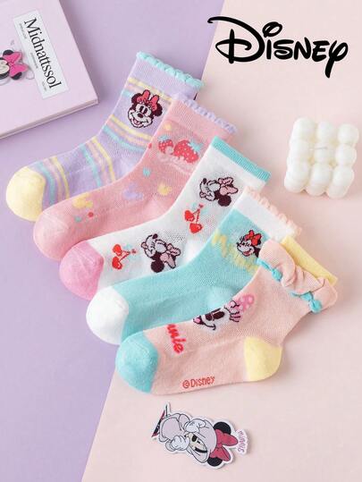  10/5 Pairs Disney Children's Lace Mesh Socks, Disney Minnie Mouse & Princess Lace Socks, Cute Summer Mesh Socks For Girls, Elsa Princess Mid-Calf Socks, Cartoon Breathable Socks For Boys, Baby Students Summer Socks