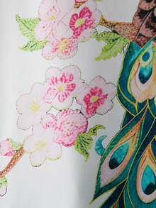 Áo khoác kimono satin kiểu phương Đông họa tiết chim công trắng và hoa anh đào – Kiểu dáng thanh lịch, mở phía trước, nhẹ nhàng, hoàn hảo cho kỳ nghỉ hè ở bãi biển, che chắn bikini và trang phục mặc nhà thoải mái. - trắng - Xem 10