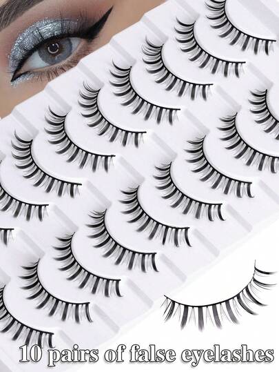 10对轻薄切片假睫毛，0.04毫米超薄睫毛，可增强并放大双眼，适合夏季妆容，多种款式可搭配不同场合。