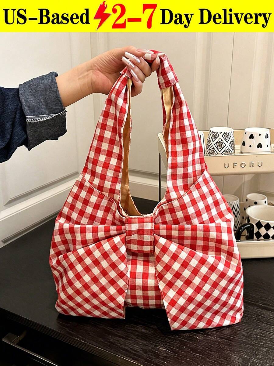 Women's Checkered Bow Decoration Shoulder Underarm Bag, Sweet And Cool Outdoor Vacation Travel Bag, Multifunctional Daily Commuting Shopping Shoulder Bag, Casual Cell Phone Coin Storage Bag, Cute Bow Bag For Women - 彩色 - 查看 1