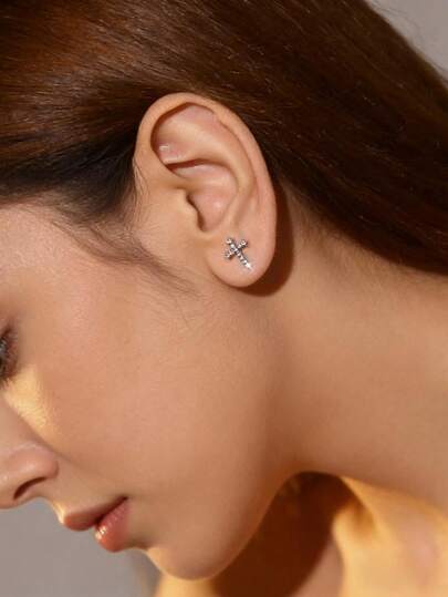 Pendientes de botón de cruz de aleación de zinc delicada, pendientes de botón mini con diamante de imitación brillantes, pendientes de uso diario para mujeres