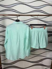 Two-Piece Linen Shirt And Shorts Set, Lined With Elastic. Summer Vacation: Perfect For Celebrating Christmas, New Year's Eve And New Year In Brazil! - 青碧色 - 查看 3