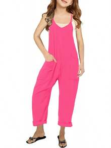 Girls' Casual Sleeveless Jumpsuits Spaghetti Strap Loose Romper Long Pants With Pockets - màu đen - Xem 5