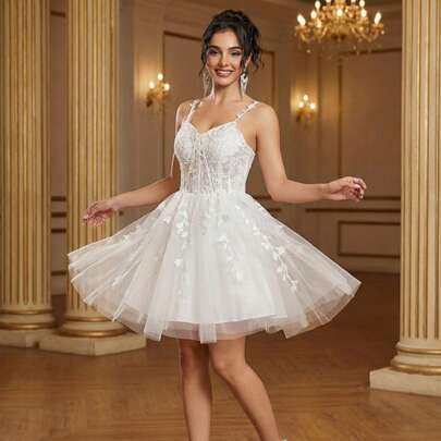 Lace Wedding Dress Bridal, Romantic Appliques Wedding Dress, Sleeveless White Dress For Women, Elegant Ball Gown, Short Wedding Dress For Women, Prom Dress Elegant For Wedding Party