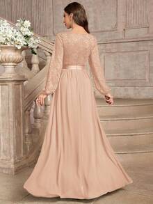 MIUSOL Elegant Floral Lace Deep V-Neck Lantern Sleeve Ruffle Hem Maxi Dress Party - Champagne - View 3
