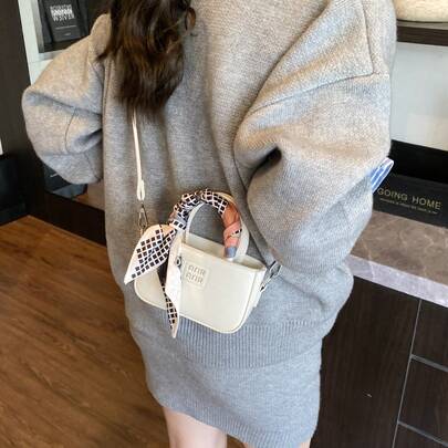 1pc Bicolor Scarf Decor + Letter Embossed Glossy PU Leather Handbag, Tote & Crossbody, Commuter Style, Casual For Young Women