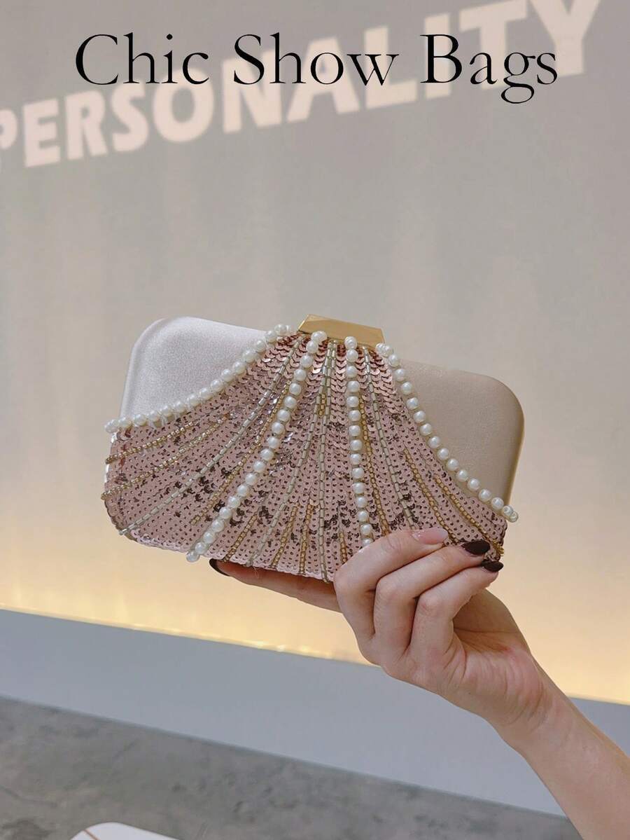 Women's Fashionable Sequined Pearl Evening Bag, Wedding Party Clutch For Socialites - Champagne - View 1