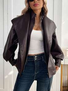 Women's Faux Leather Jacket, Retro Fitted Biker Jacket, Casual Outerwear Winter - Brown - View 8