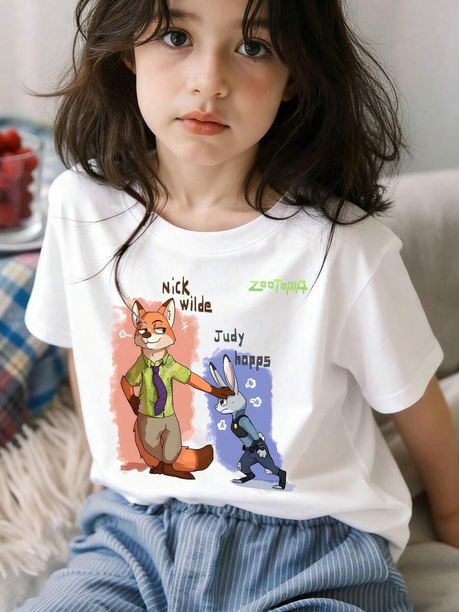 Disney Crazy Zootopia Nick Judy Interactive Printed Children's T-Shirt Watercolor Cartoon Design Pure Cotton Breathable Short Sleeve - 白色 - 查看 1