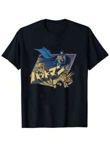 Bat Man's Casual Letter & Bat Print Short Sleeve T-Shirt, Summer Street Wear Men T Shirts Graphic Tees Street Wear 100% Cotton Gift For Batmans Fans - 黑色 - 查看 1