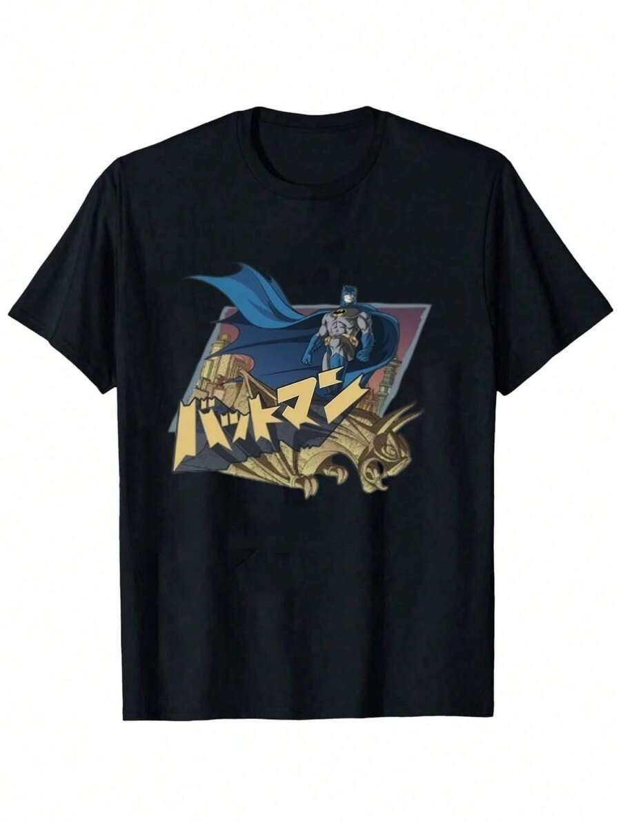Bat Man's Casual Letter & Bat Print Short Sleeve T-Shirt, Summer Street Wear Men T Shirts Graphic Tees Street Wear 100% Cotton Gift For Batmans Fans - 黑色 - 查看 1