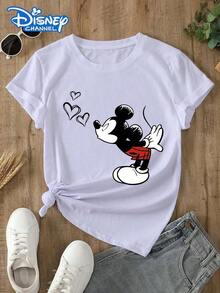 Disney Lady's T-Shirt, Featuring A Creative Mickey Cartoon Pattern Print. Spring/Summer Style Women's Round-Neck T-Shirt. The Fabric Is Soft, Comfortable And Breathable, Suitable For Daily Wear, Going Shopping, Traveling, Parties, And At Home. It Is Also Suitable As A Beautiful Gift. Every Lady Deserves To Own One. - 白色 - 查看 1
