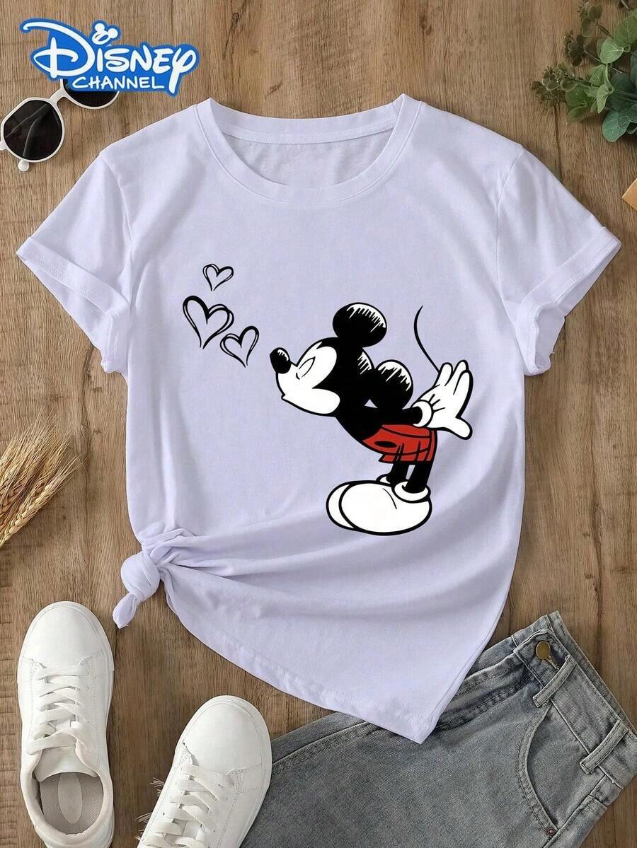 Disney Lady's T-Shirt, Featuring A Creative Mickey Cartoon Pattern Print. Spring/Summer Style Women's Round-Neck T-Shirt. The Fabric Is Soft, Comfortable And Breathable, Suitable For Daily Wear, Going Shopping, Traveling, Parties, And At Home. It Is Also Suitable As A Beautiful Gift. Every Lady Deserves To Own One. - 白色 - 查看 1
